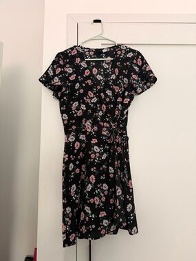 H&M Black Floral Wrap Mini Dress with Pink and White Flowers